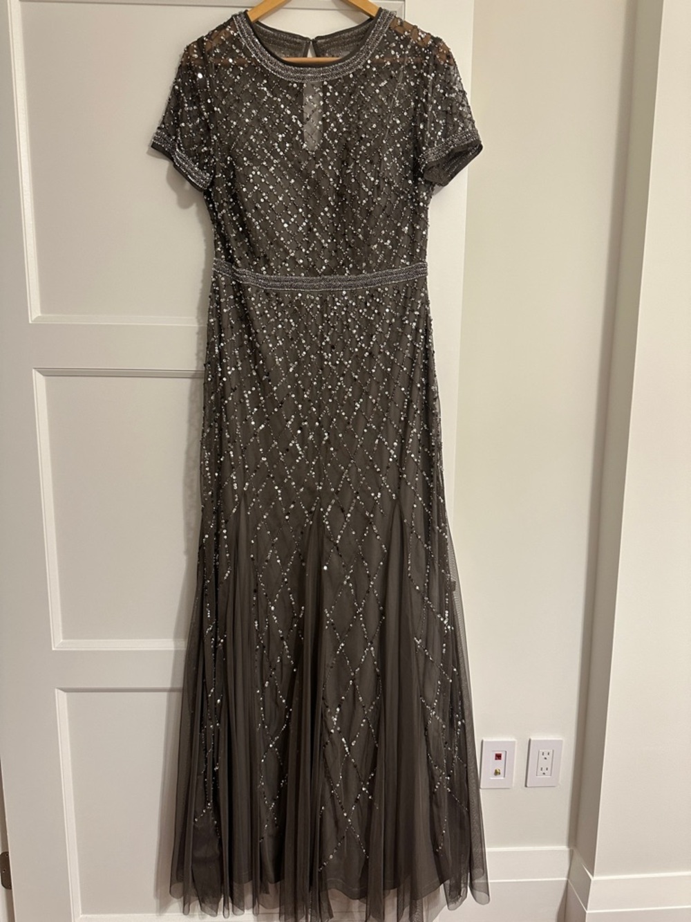 Adrianna Papell Gray Beaded Short Sleeve Maxi Gown